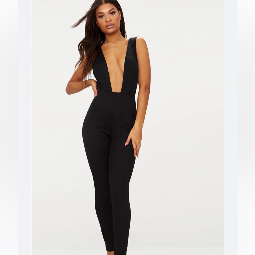 Black Bandage Rib Plunge Jumpsuit